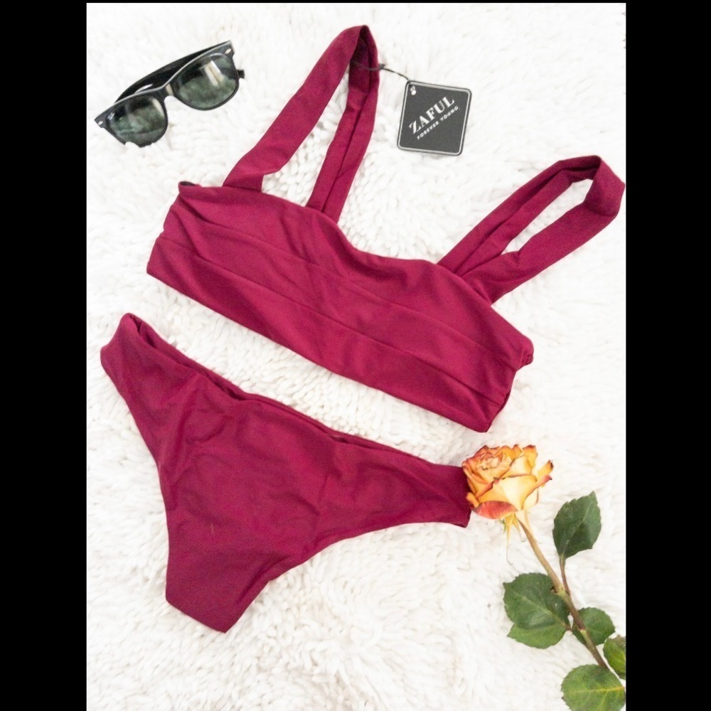 Zaful Padded Wide Straps Bandeau Bikini Set - Merlot Medium